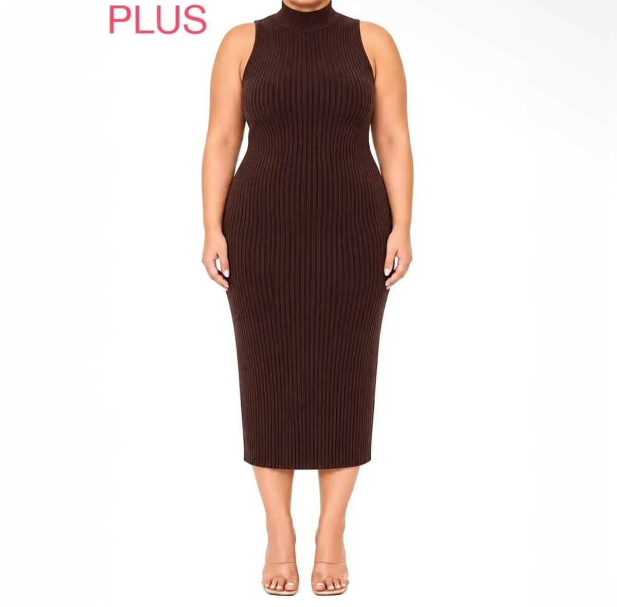 Plus mock neck ribbed midi bodycon dress