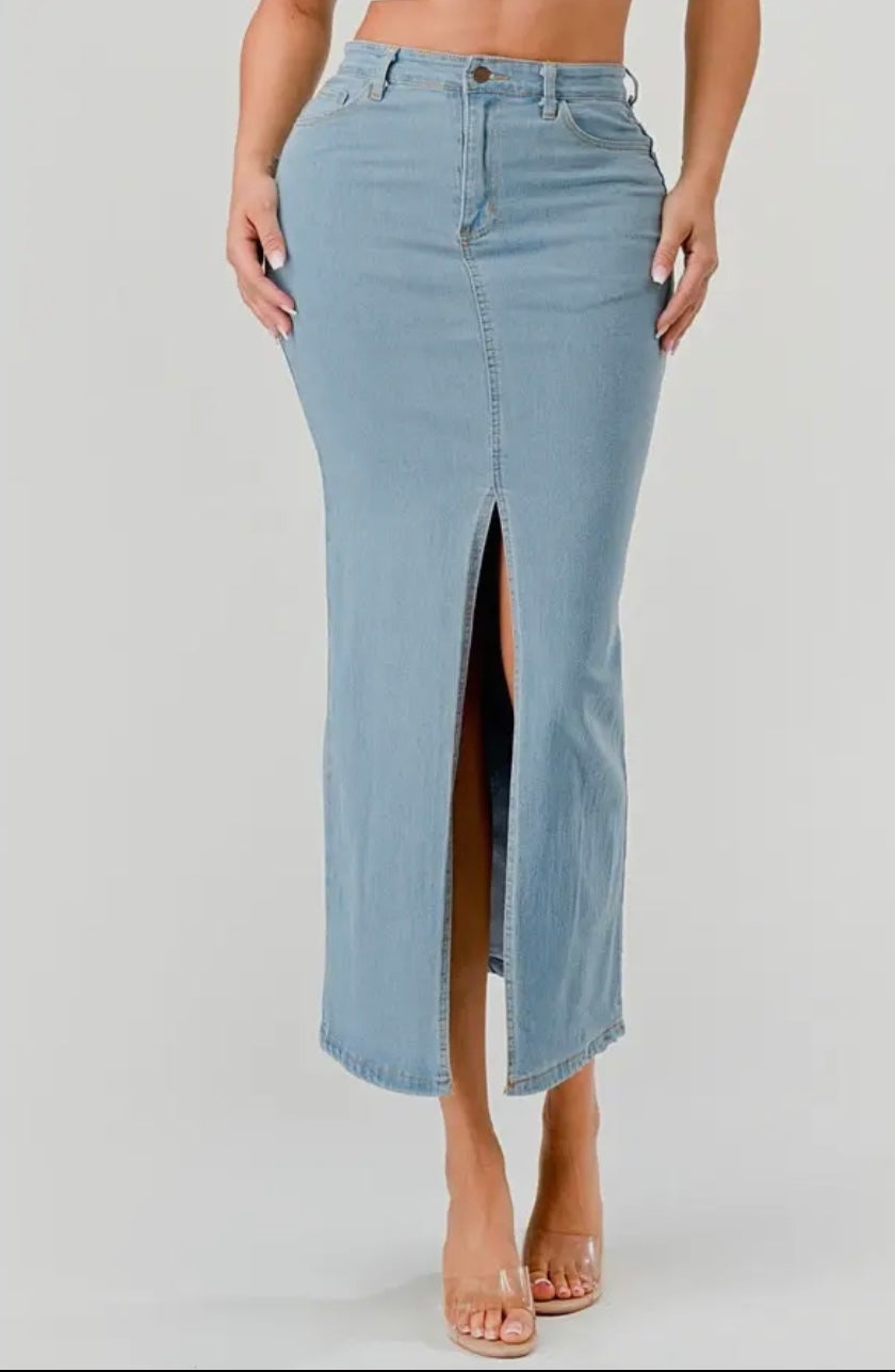 Split front denim maxi skirt