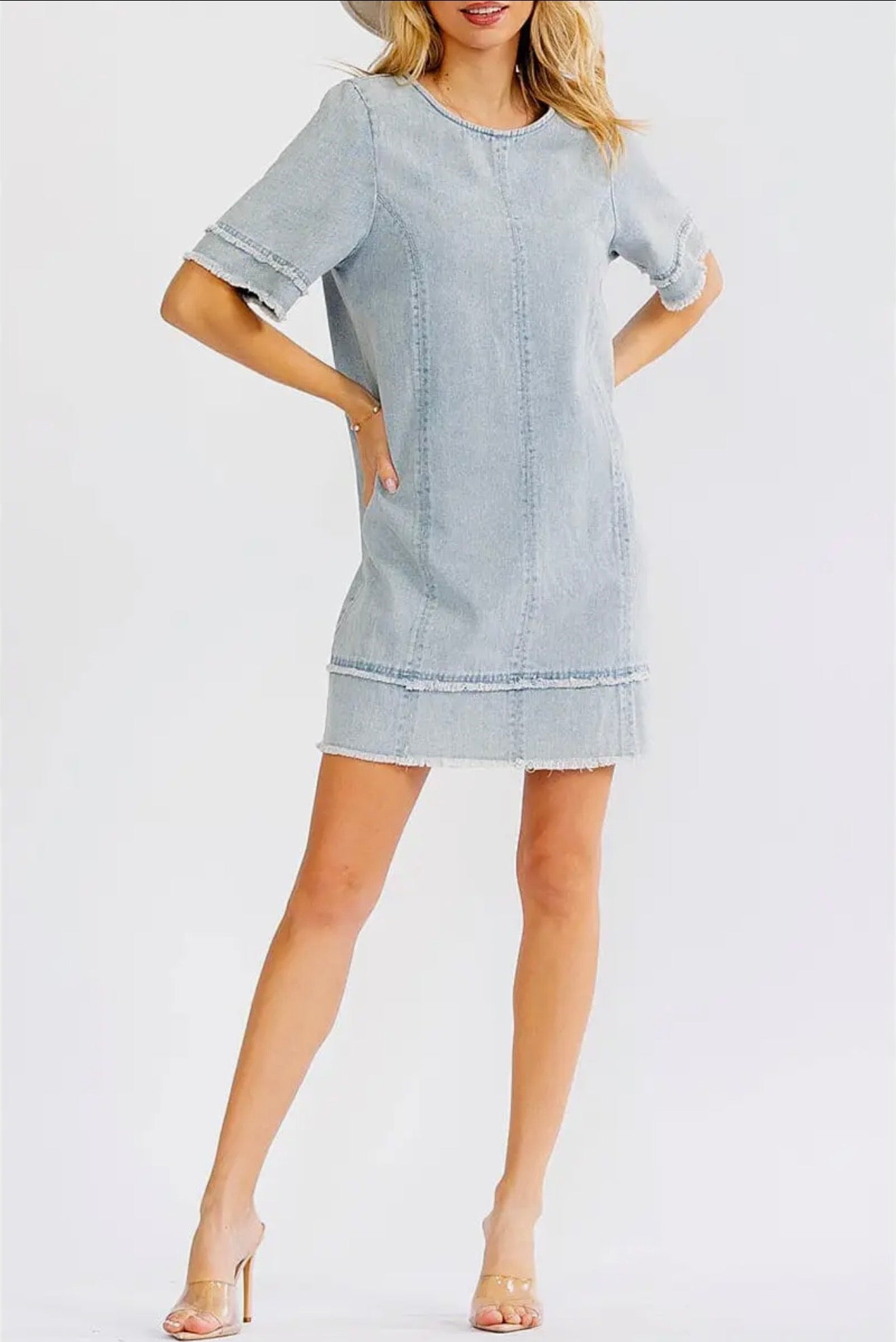 Short sleeve denim loose fit mini dress