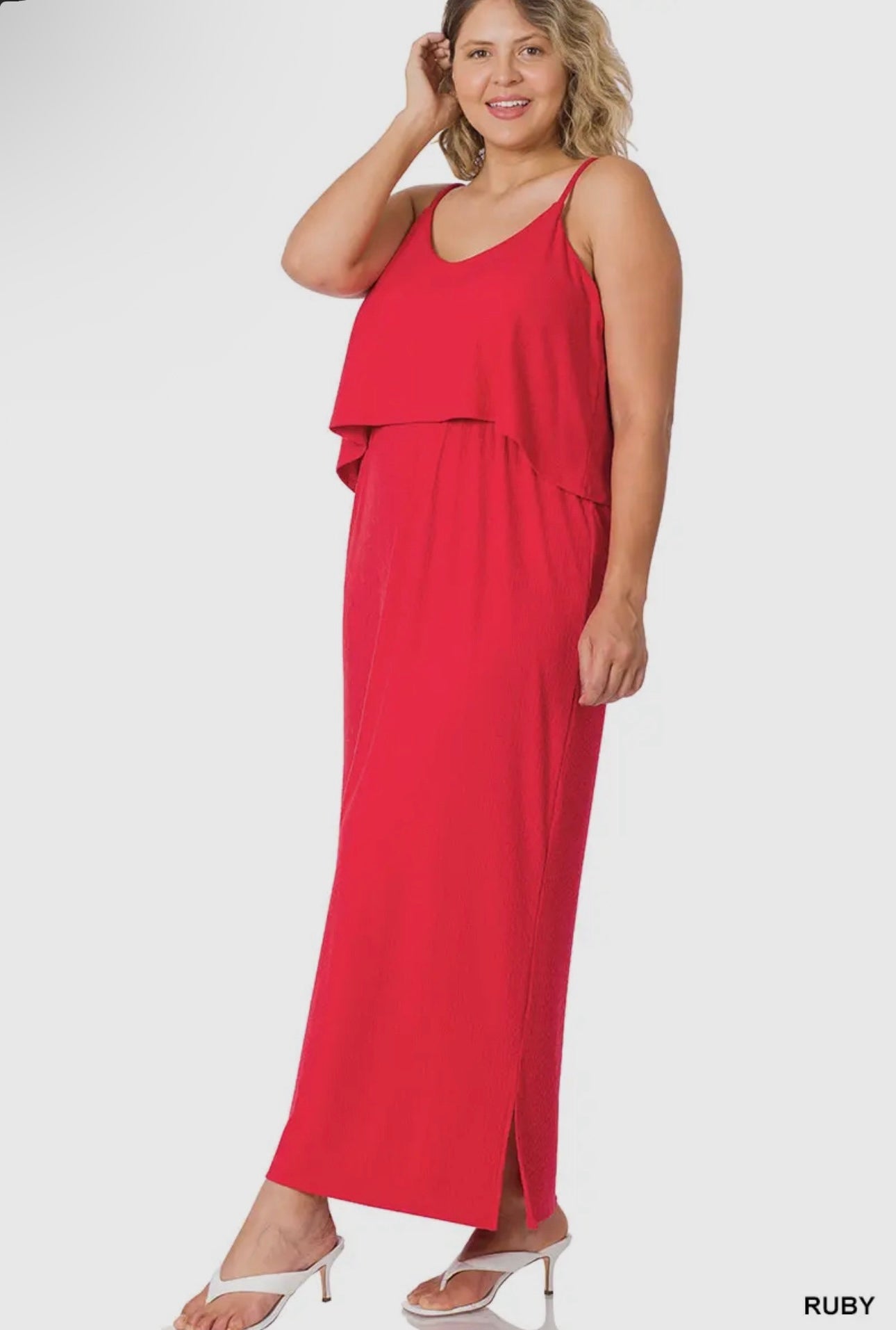 Plus ribbed double layer side slit dress