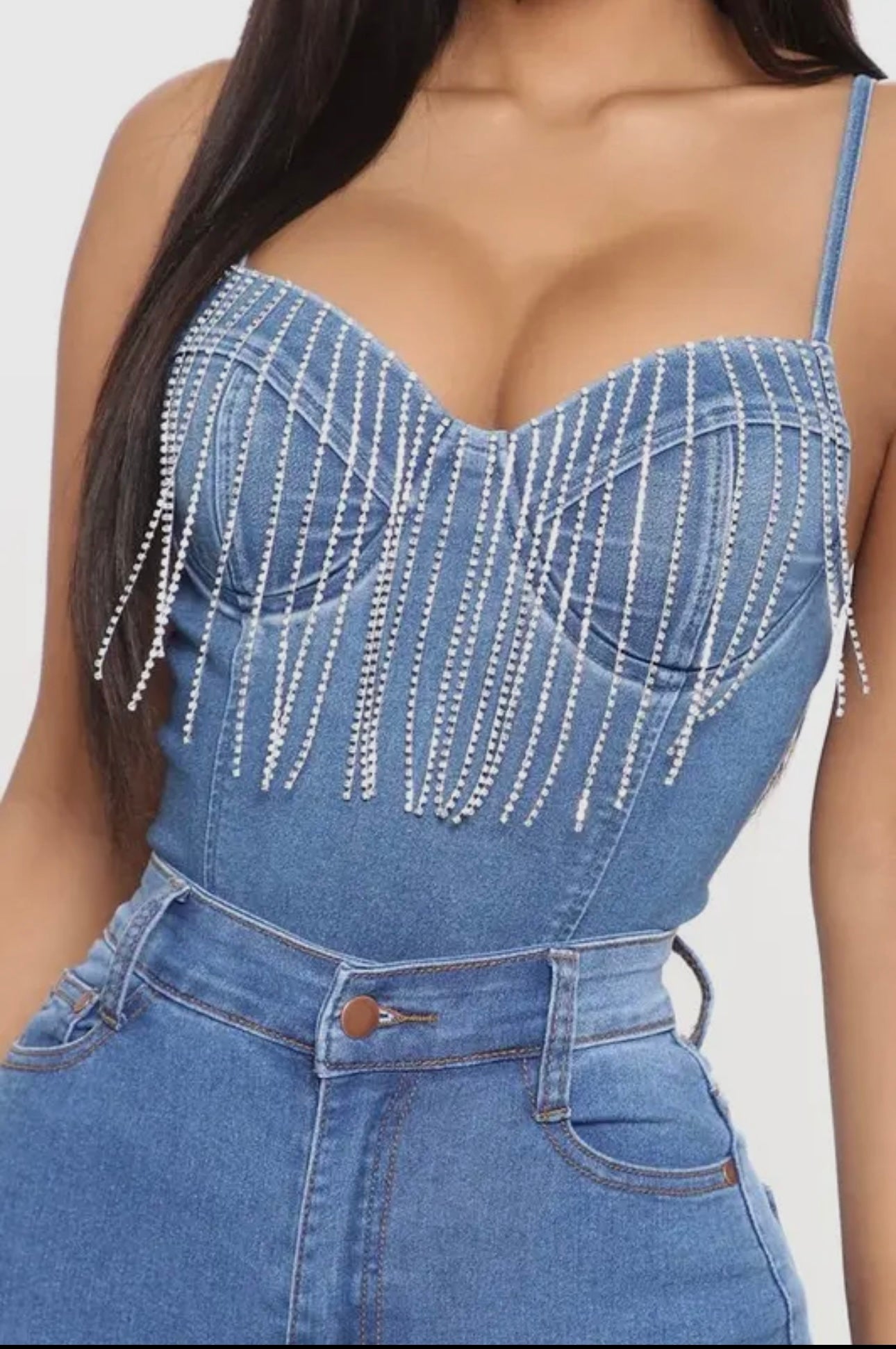 Rhinestone fringe denim body suit