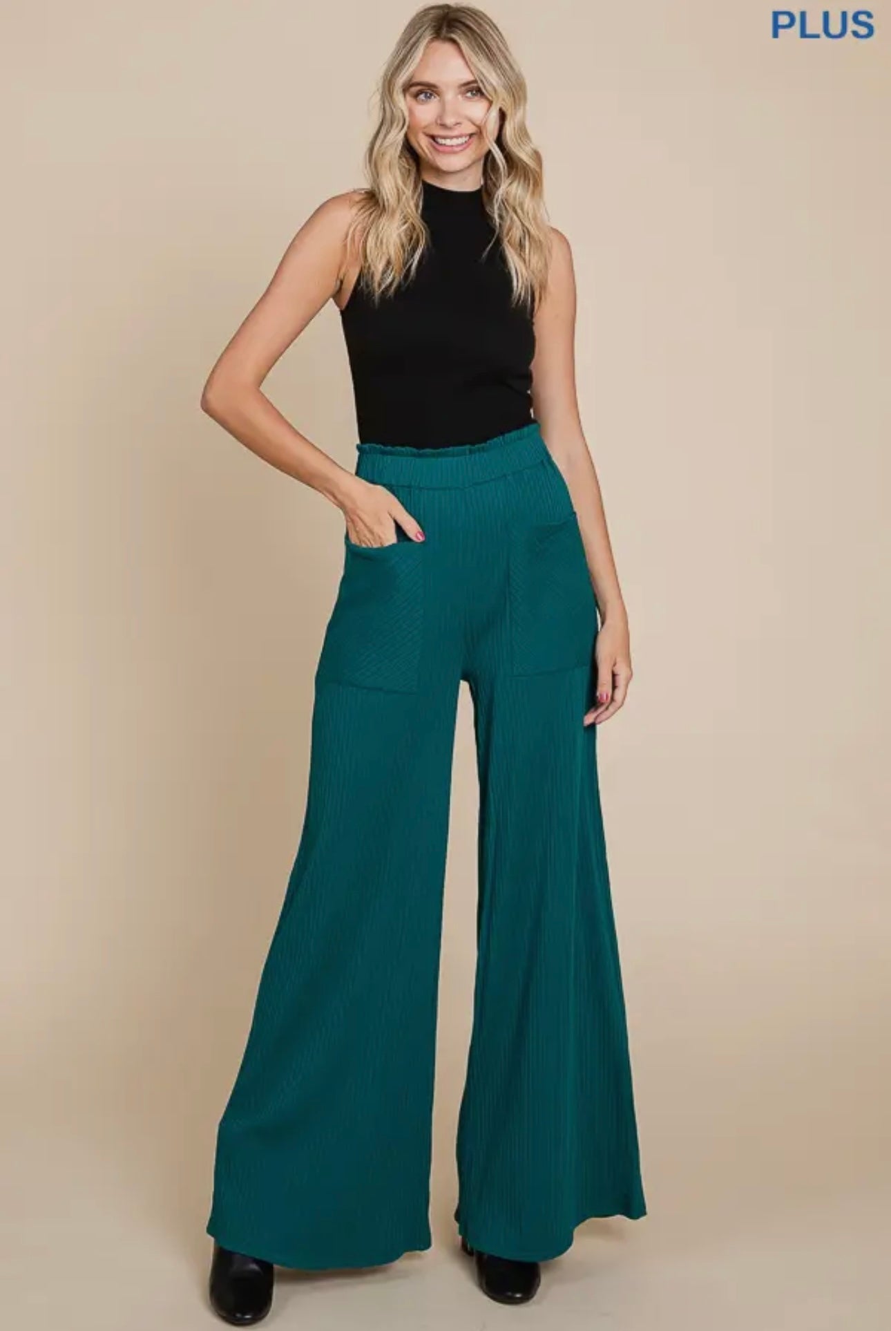 Plus ruching frill waist wide leg pants