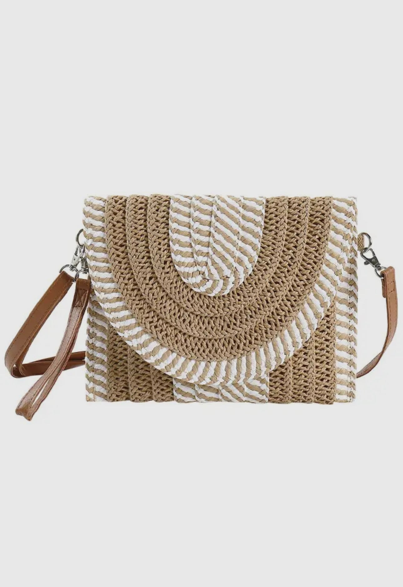 Two tone and stripe pattern straw crossbody bag