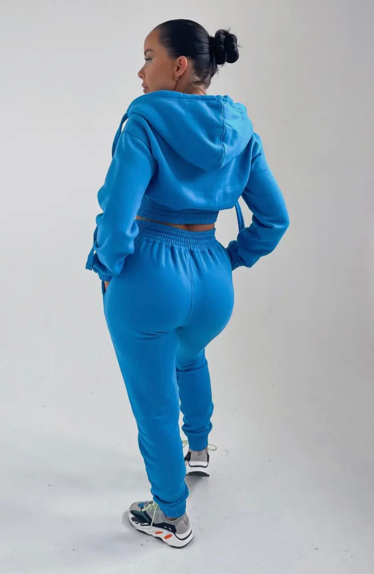 Blue cropped zip front elasticated hem hoodie and high waisted jogger set