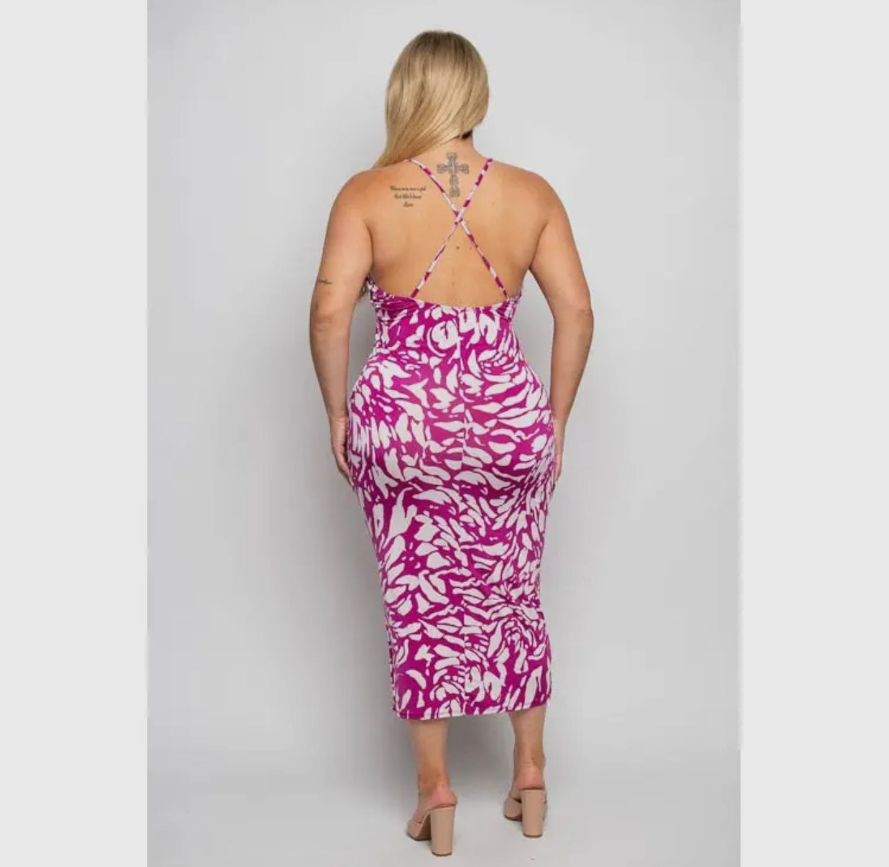 Plus size abstract print cross cross back strap midi dress