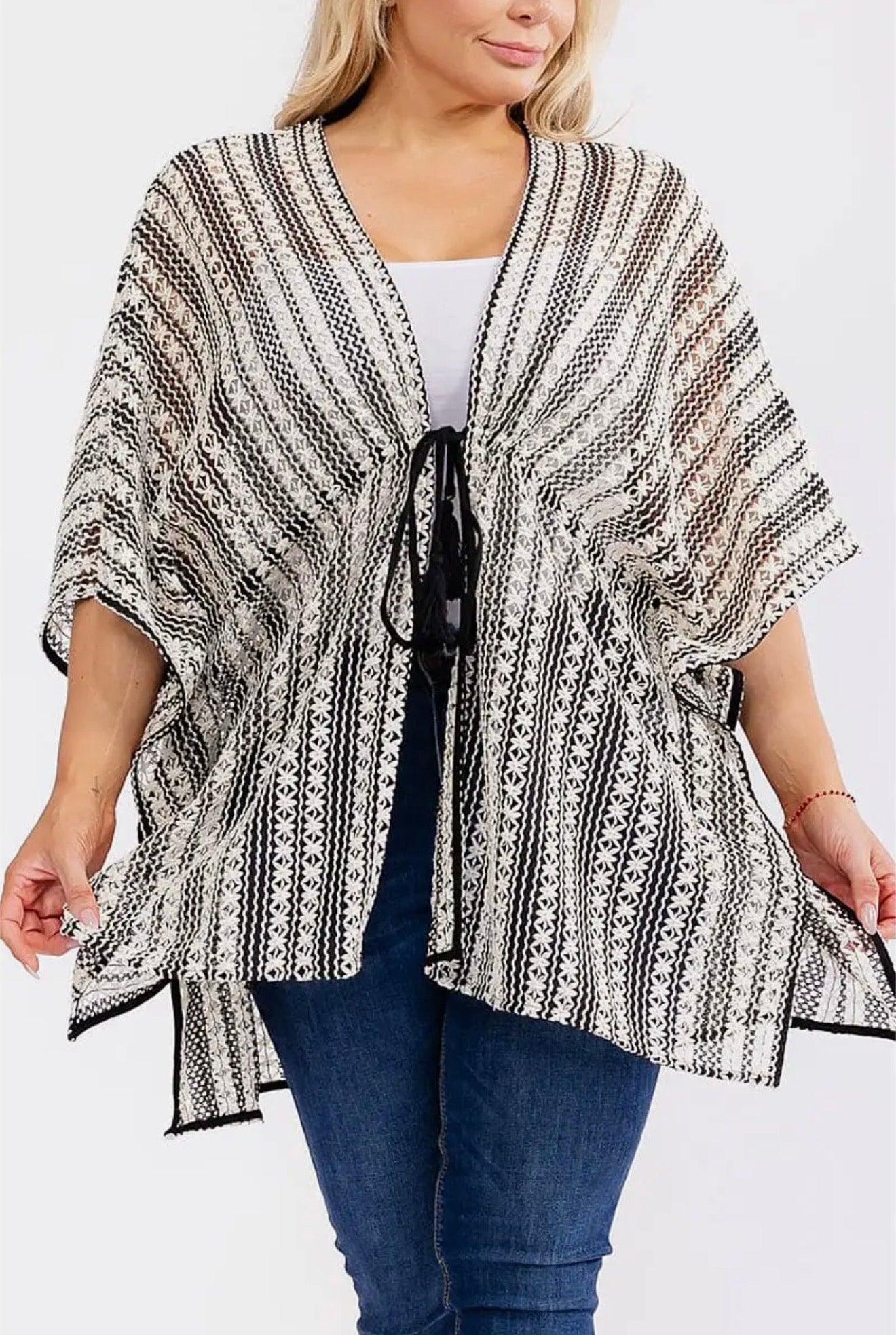 Short sleeve open front adjustable waist crochet kimono