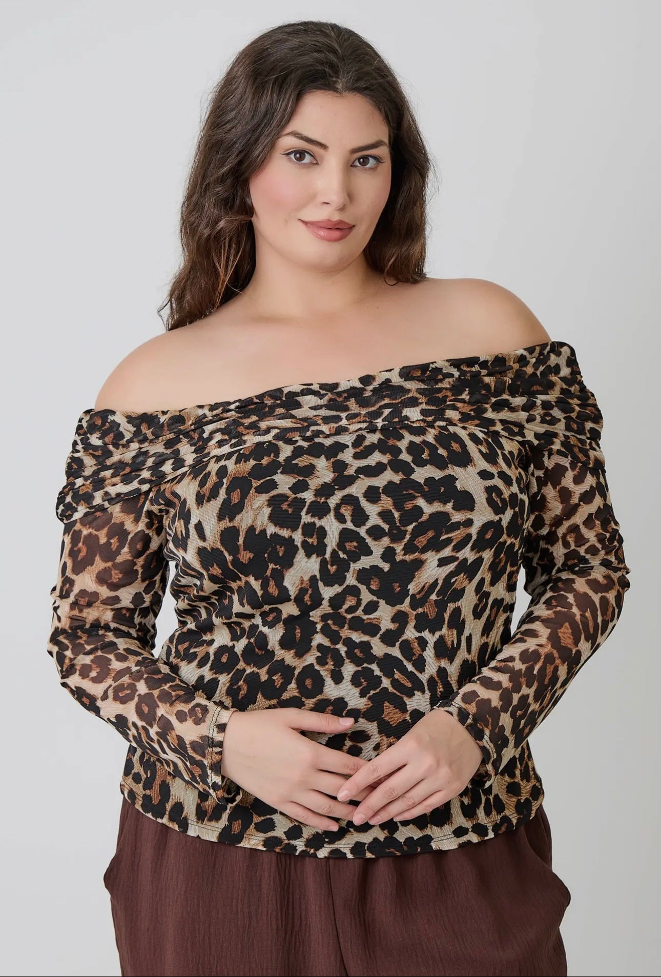 Plus size leopard print off the shoulder blouse