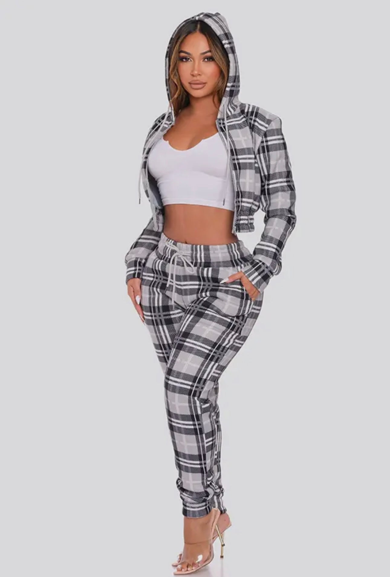 Plaid zipper hoodie and pant set