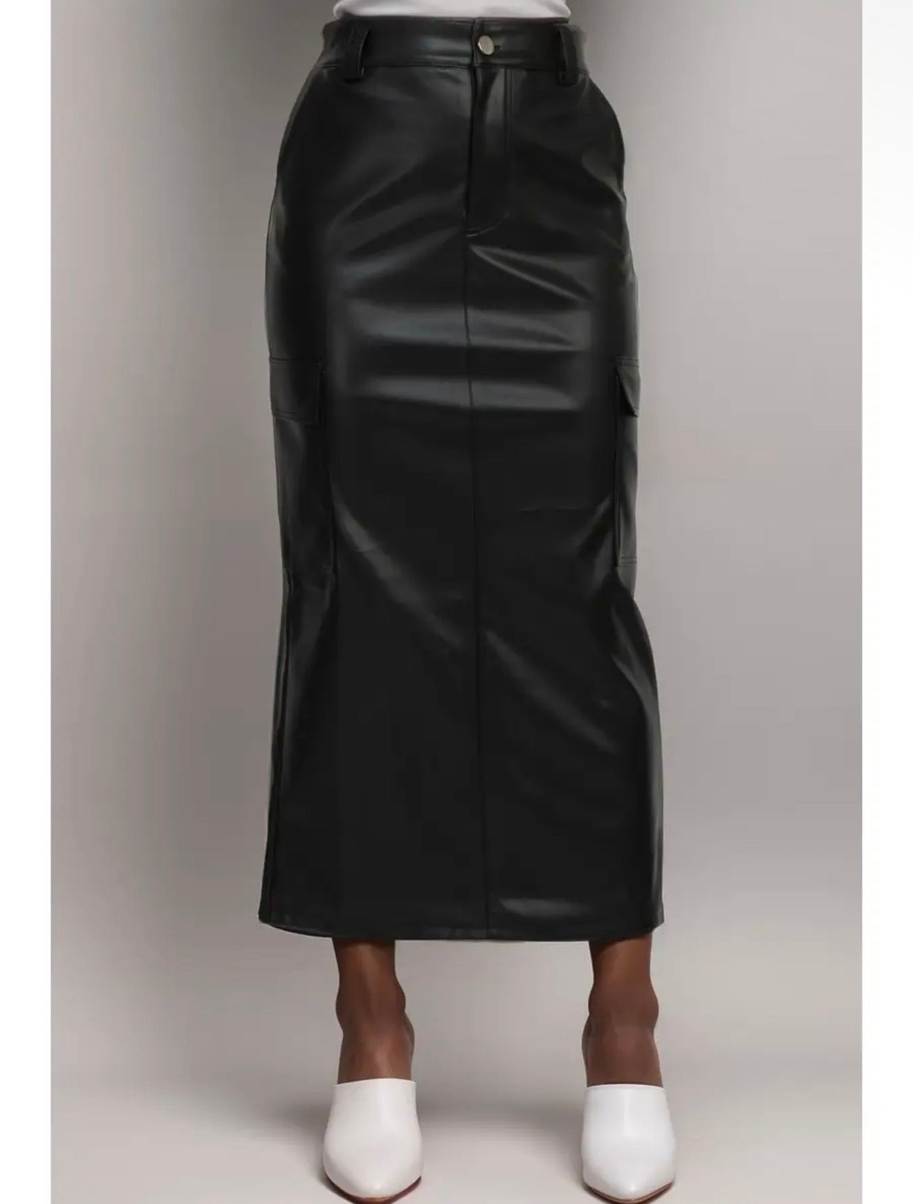 Faux leather long cargo skirt