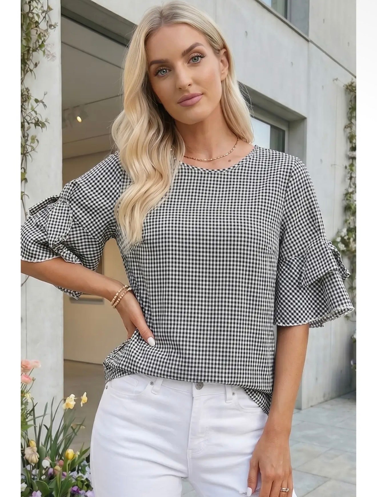 Plaid bow bell sleeve round neck top