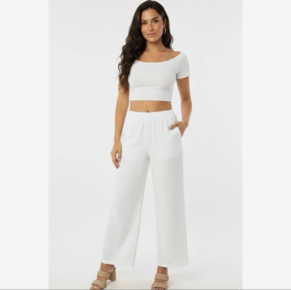 Wide leg elastic waist band pants