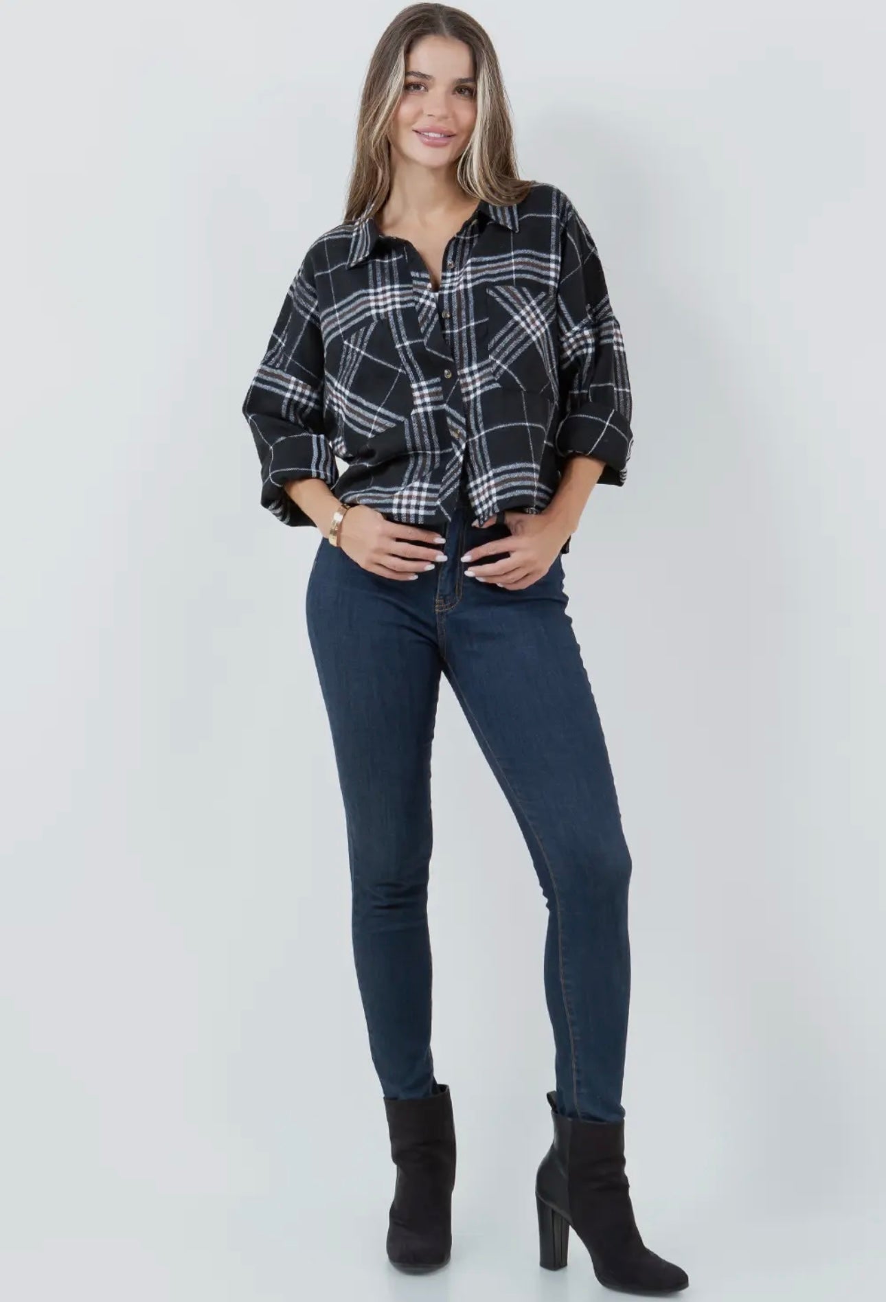 Boxy cropped long sleeve plaid over shirt