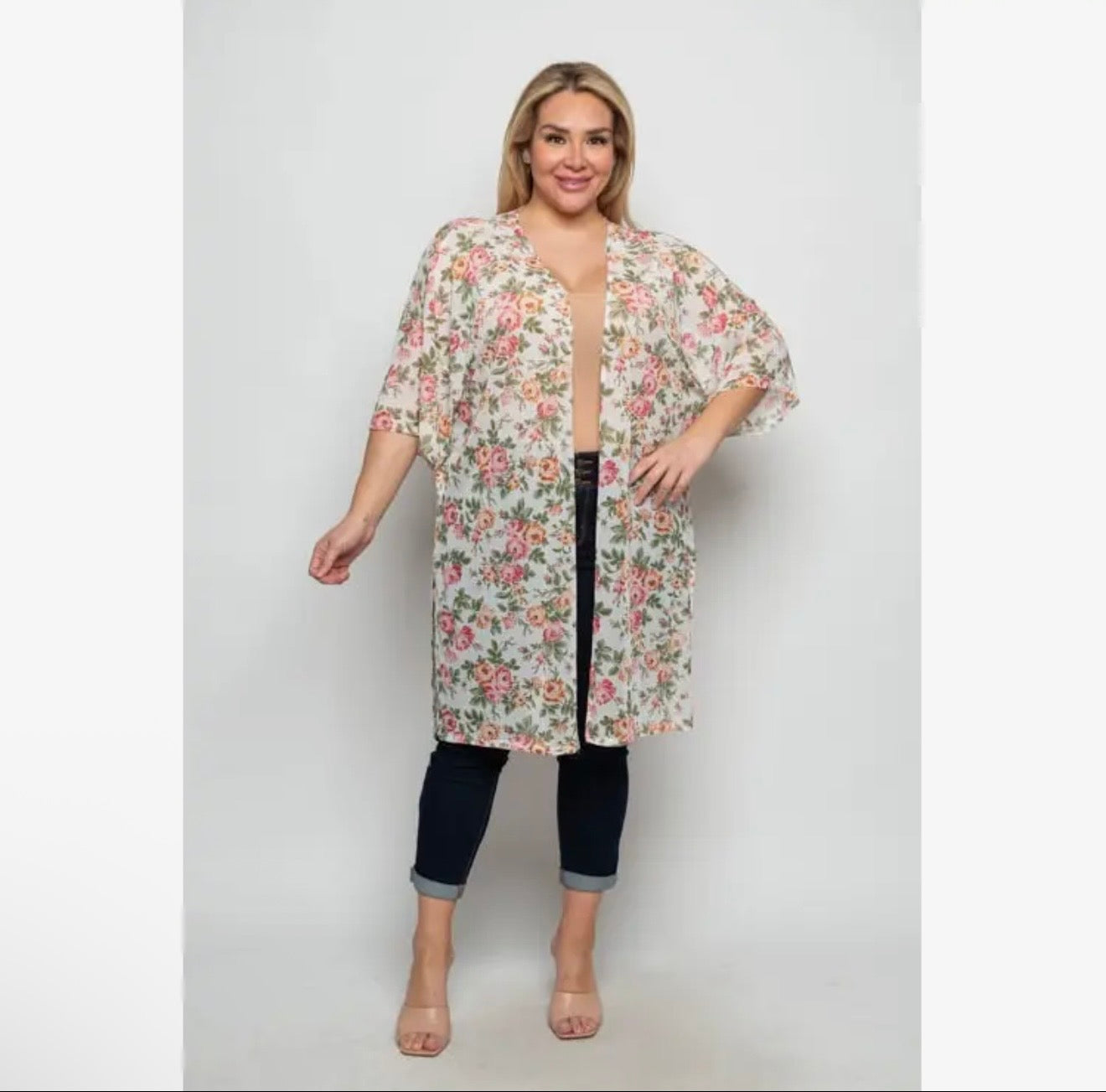 Plus size mesh floral kimono