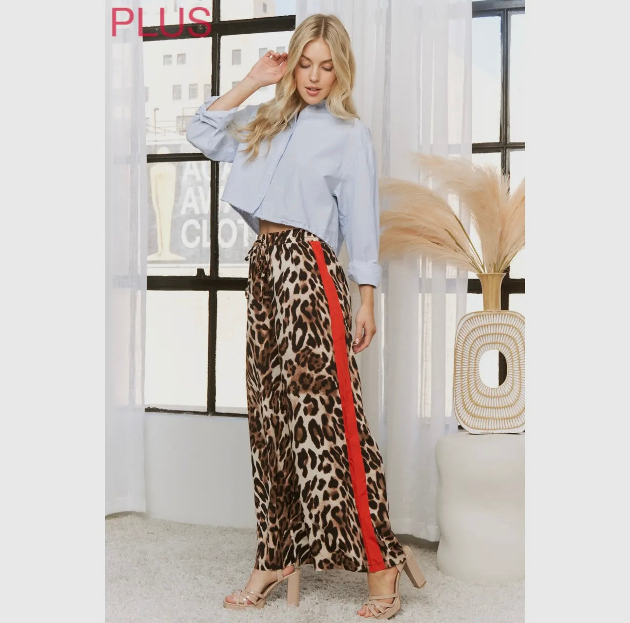 Plus size animal print elastic band wide leg pants