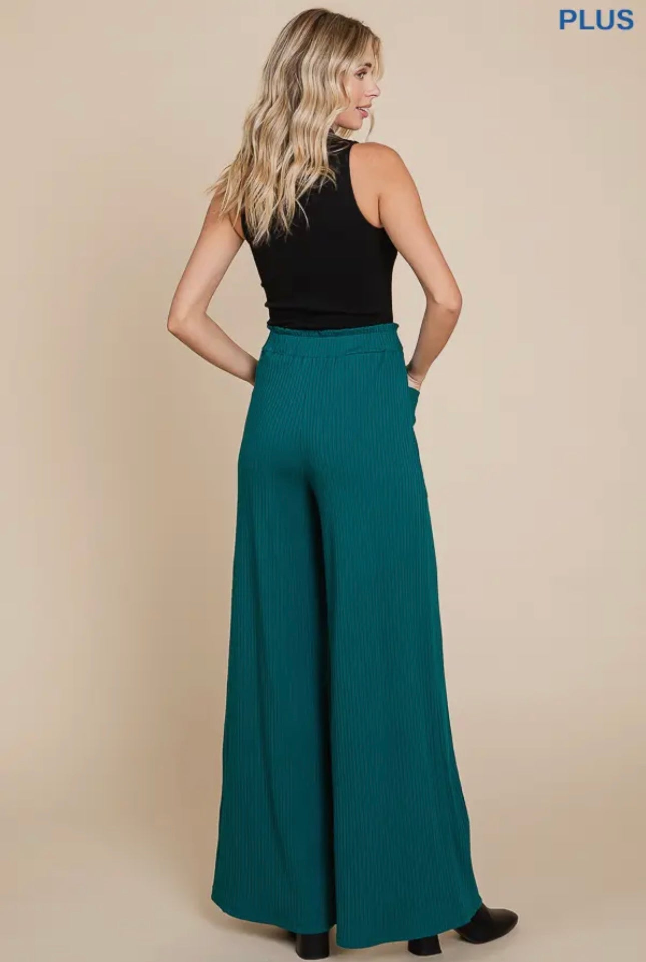 Plus ruching frill waist wide leg pants