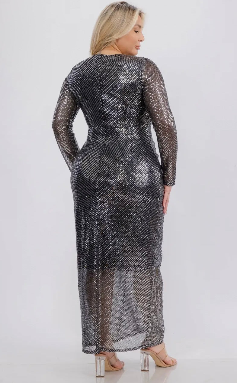 Sequin v neck lined ruched front long sleeve maxi