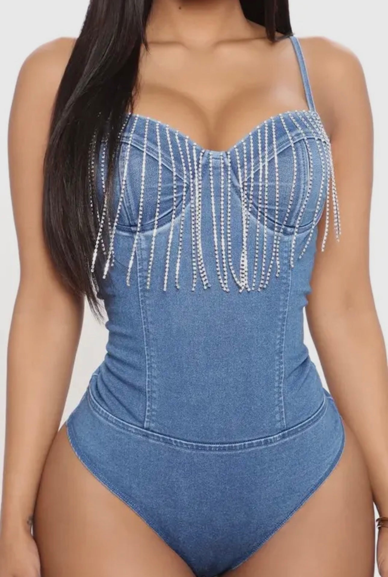 Rhinestone fringe denim body suit