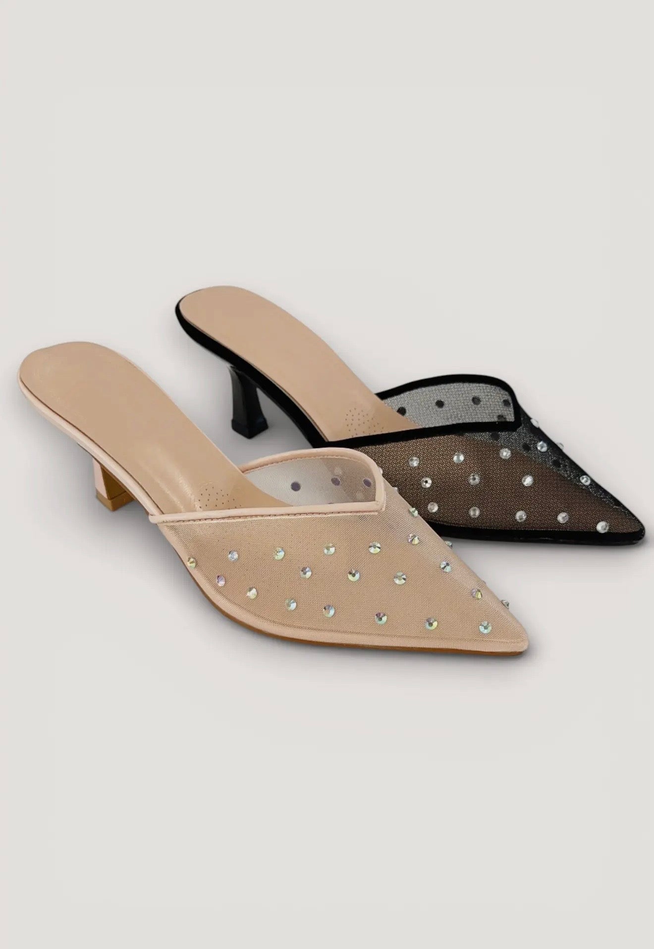 Sleek pointed toe sheer mesh upper slip on mule kitten heel