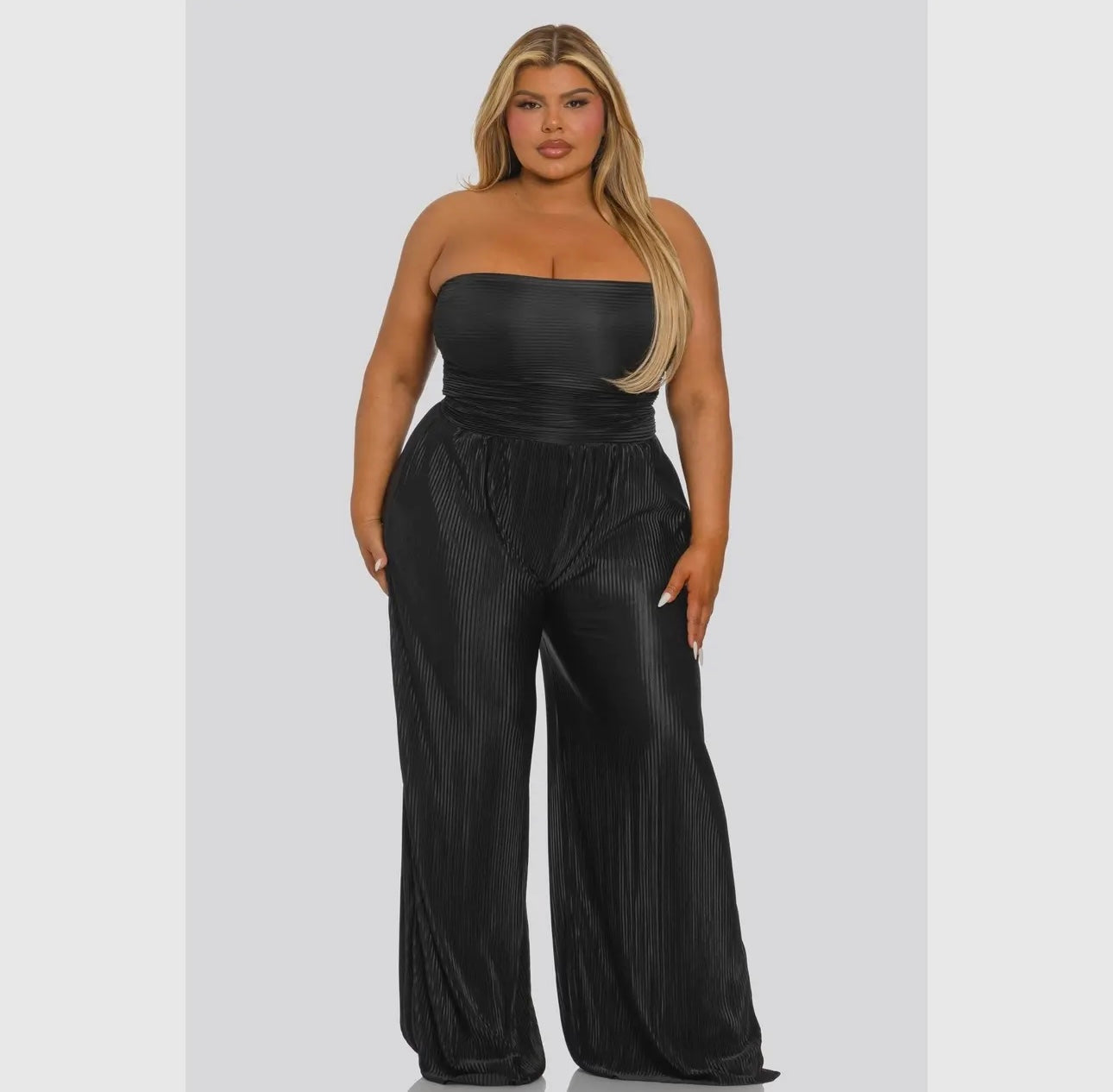 Plus pleated wide leg tube jumpsuit