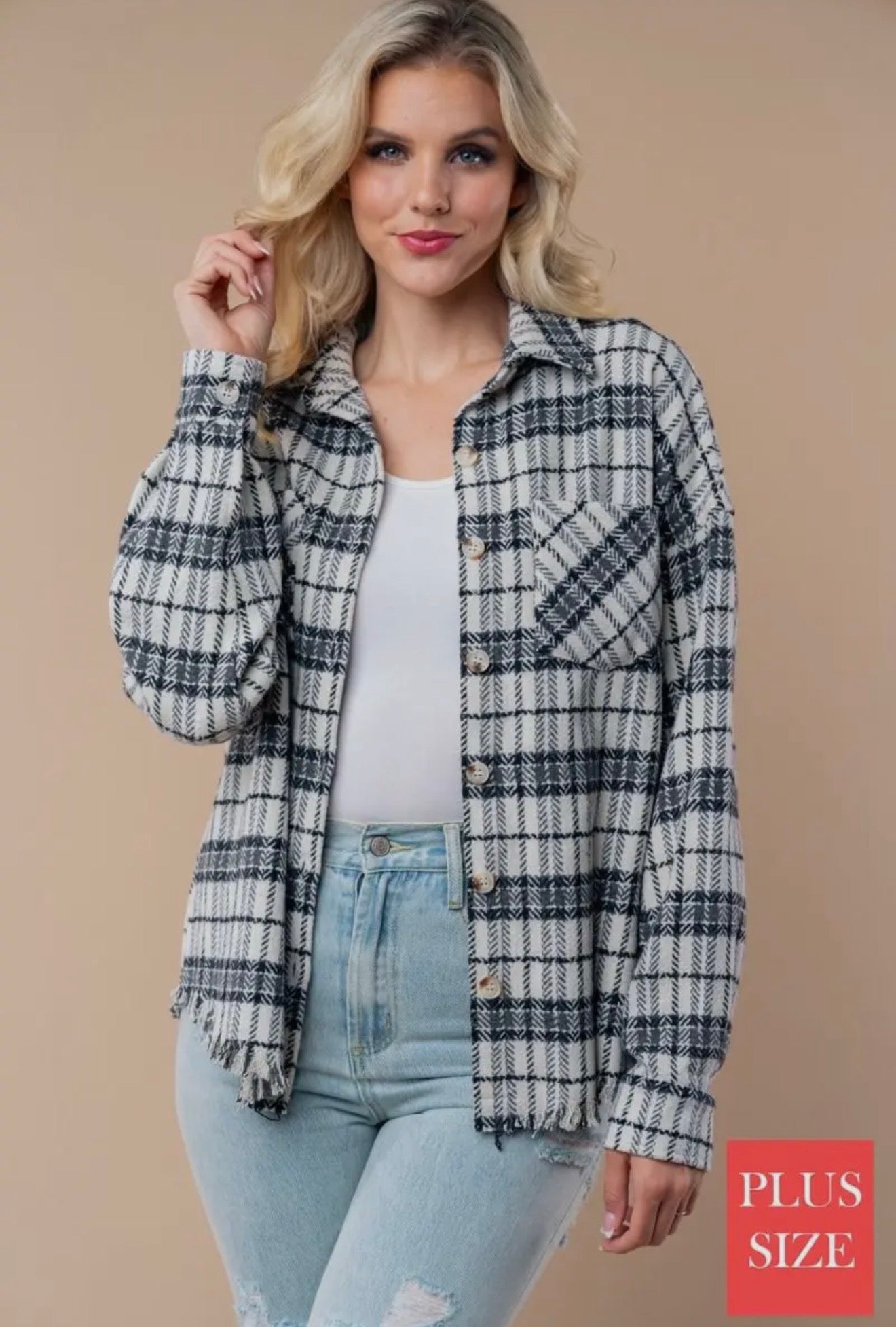 Button down plus size plaid woven SHACKET