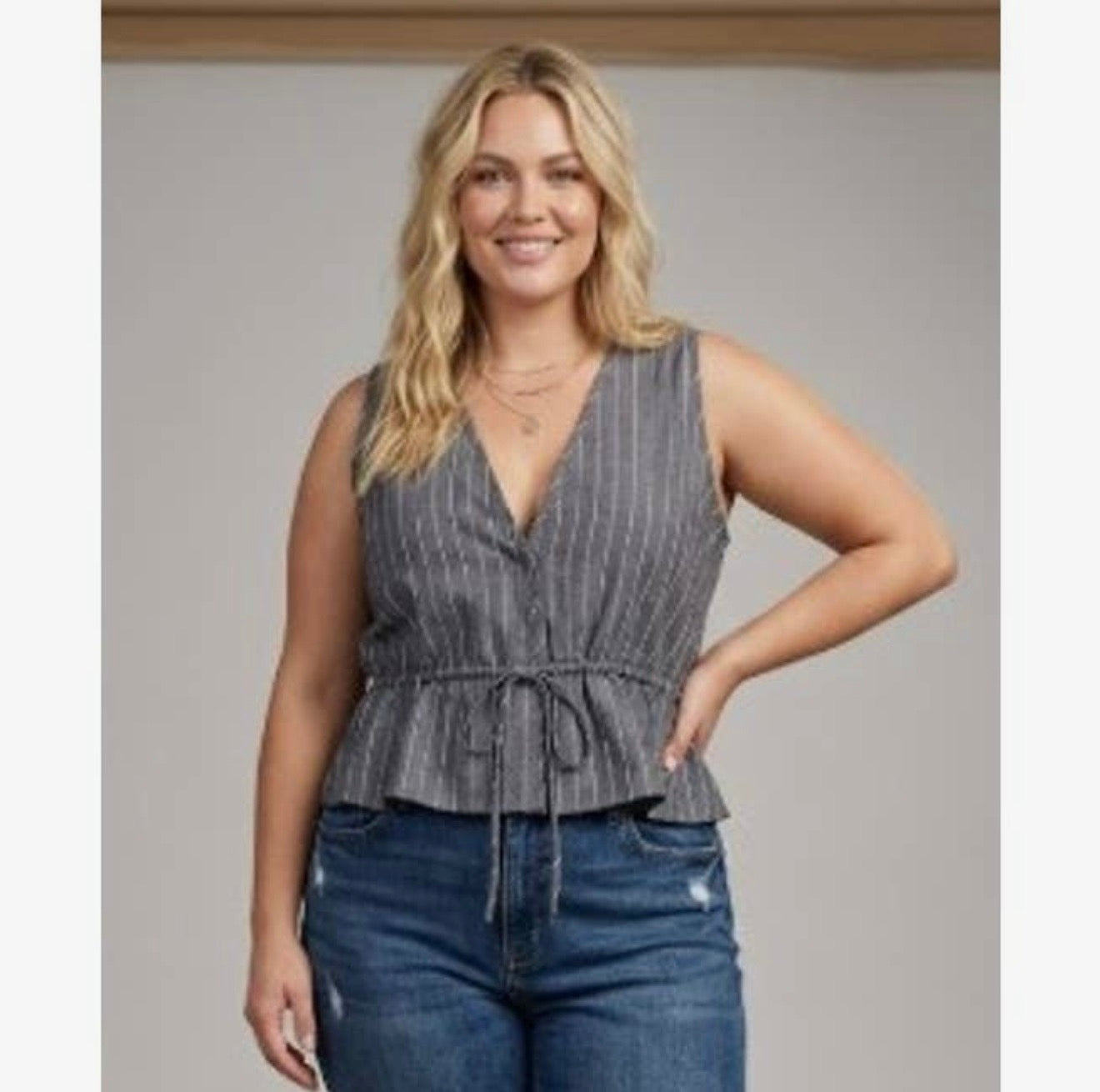 Plus size stripe v neck drawstring peplum top