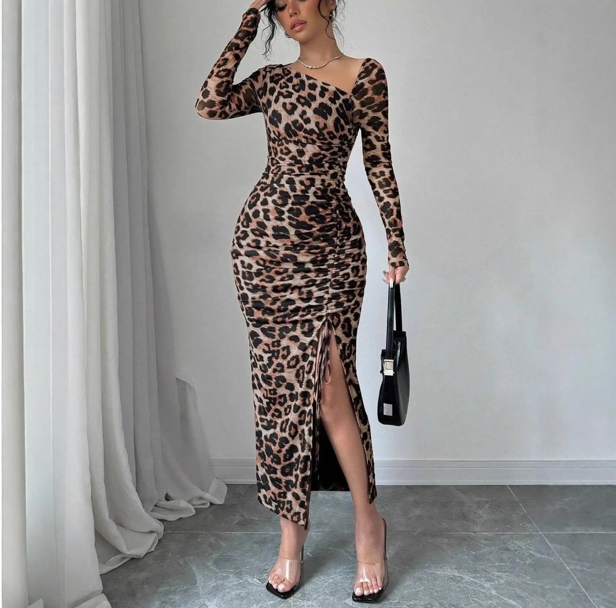 Leopard asymmetrical neck ruched bodycon dress
