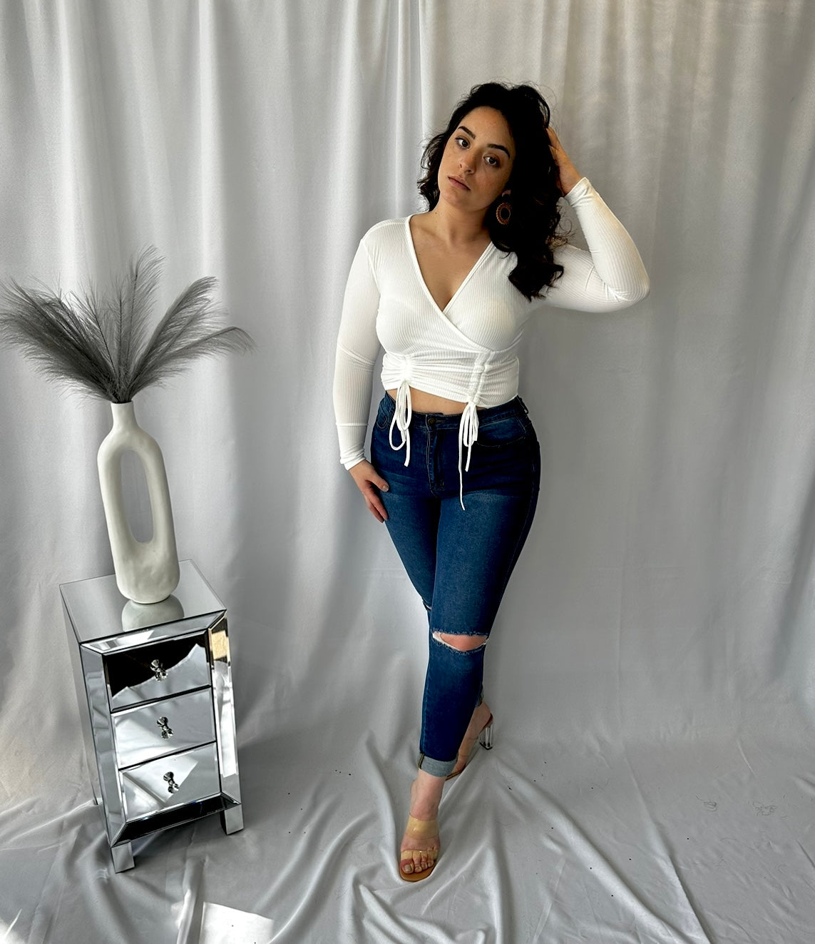 Solid ribbed drawstring ruched long sleeve top