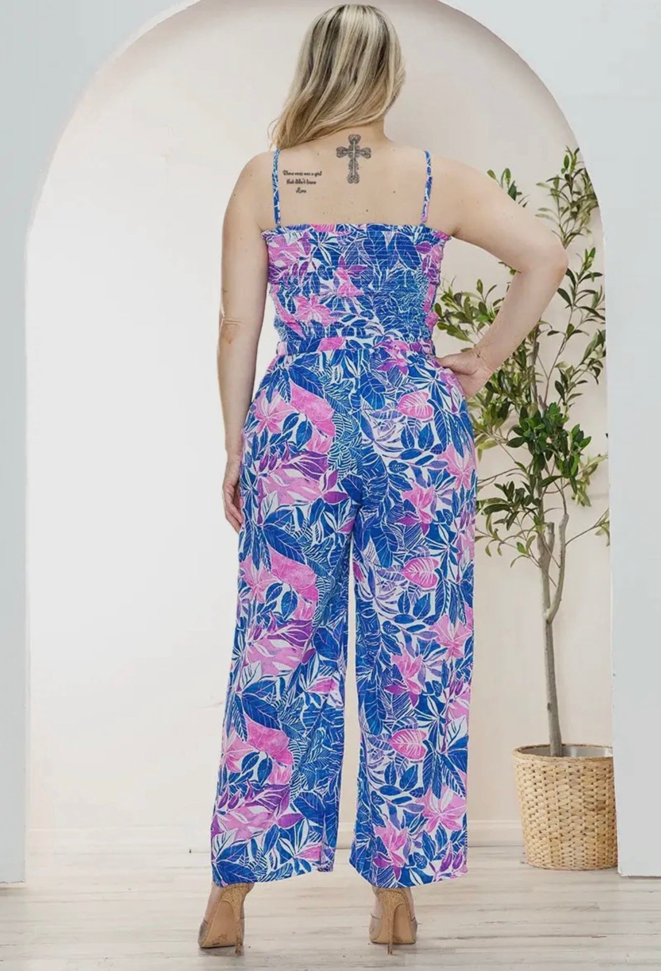Plus size sleeveless smocked summer jumpsuit