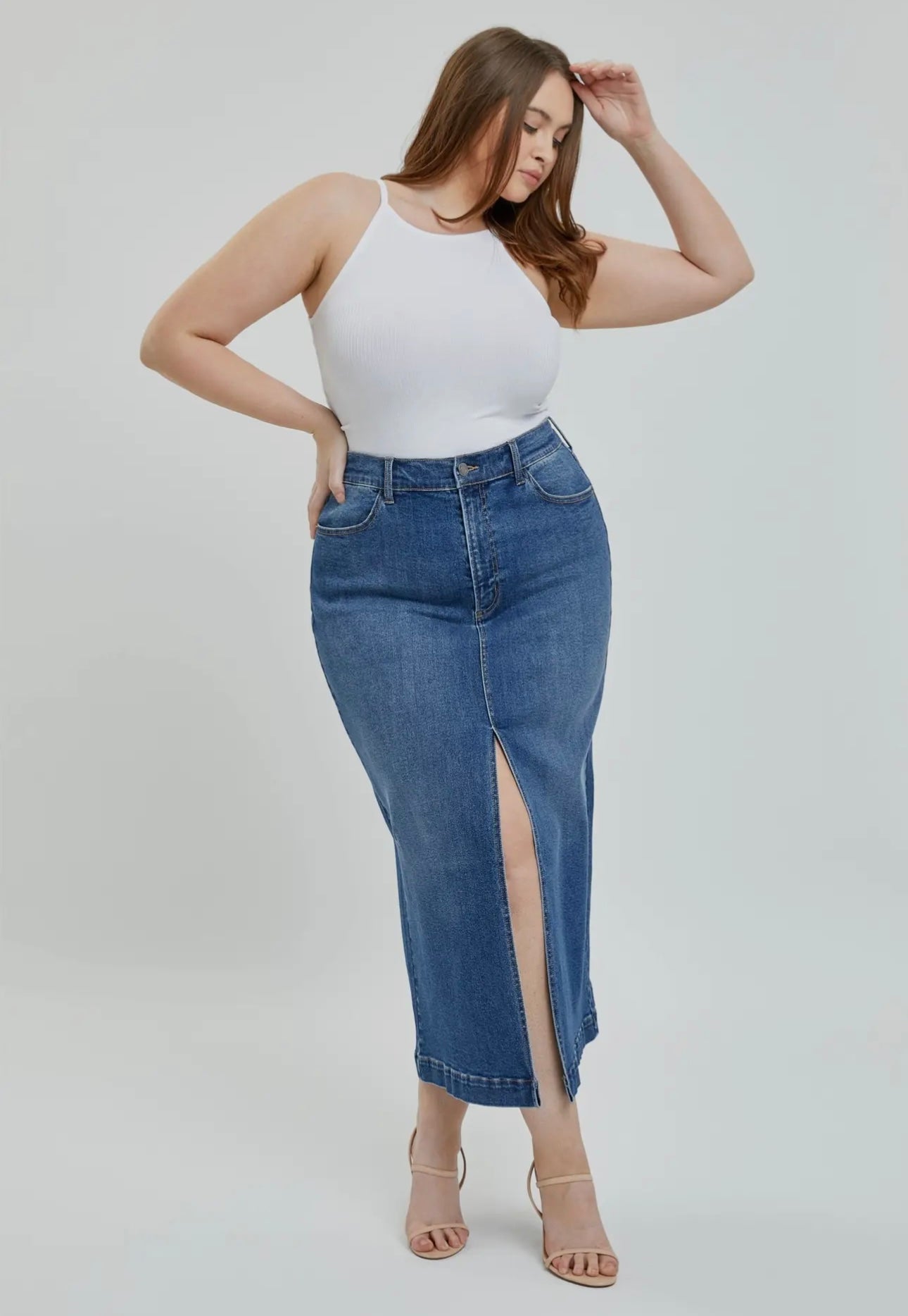 Plus Classic Denim Maxi Skirt