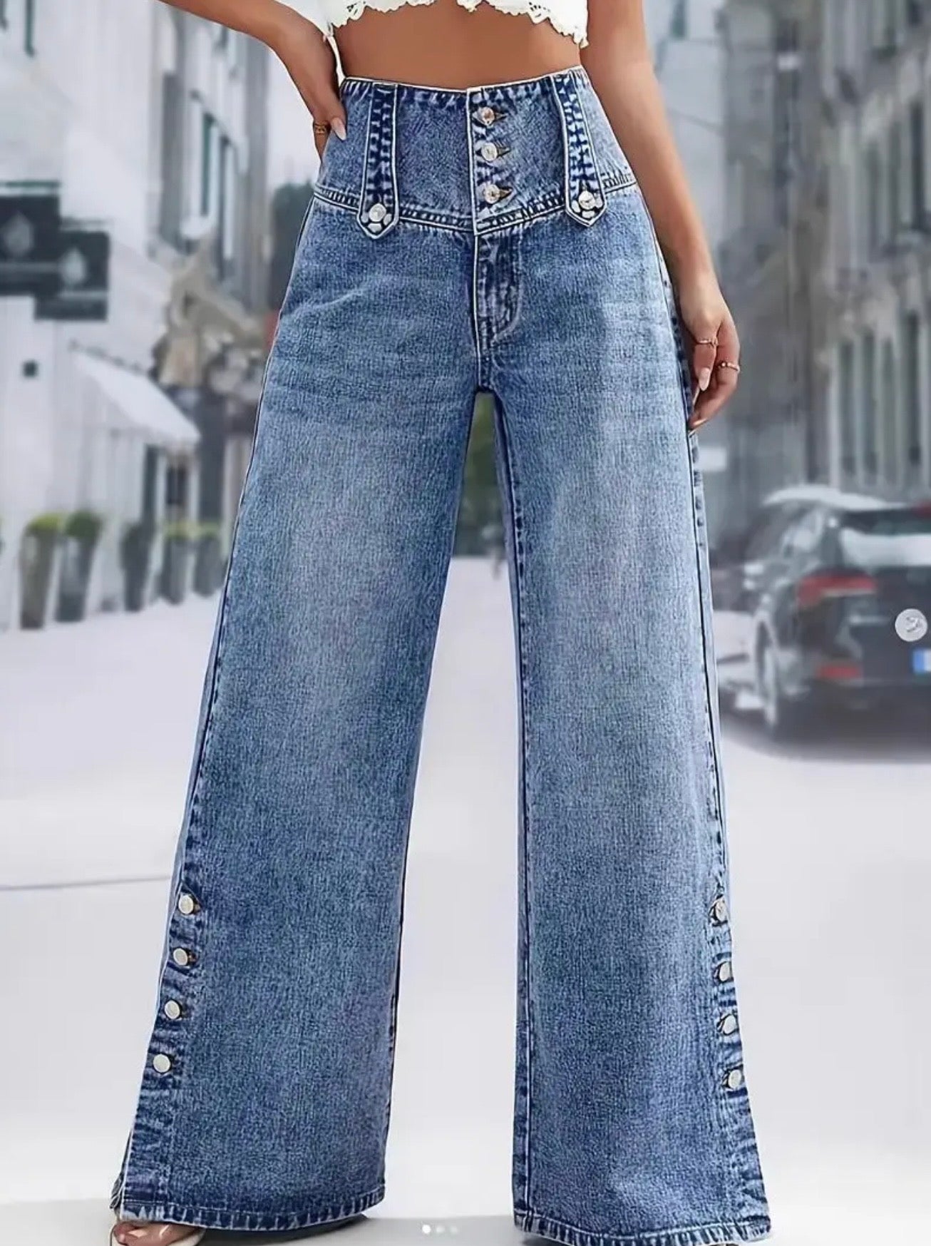 Vintage high waste button wide leg split hem Jean