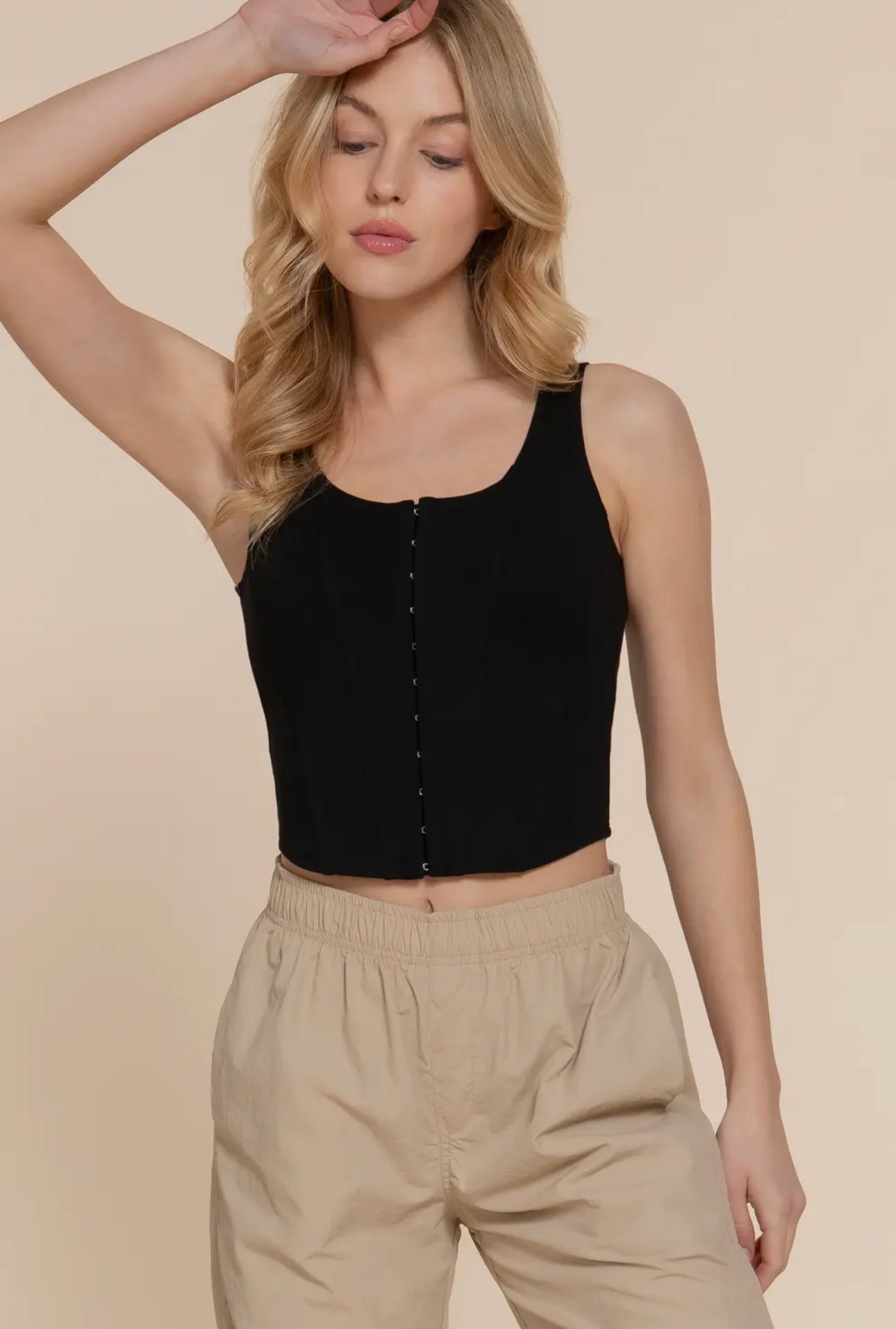 Hook and eye detail ponte corset tank top