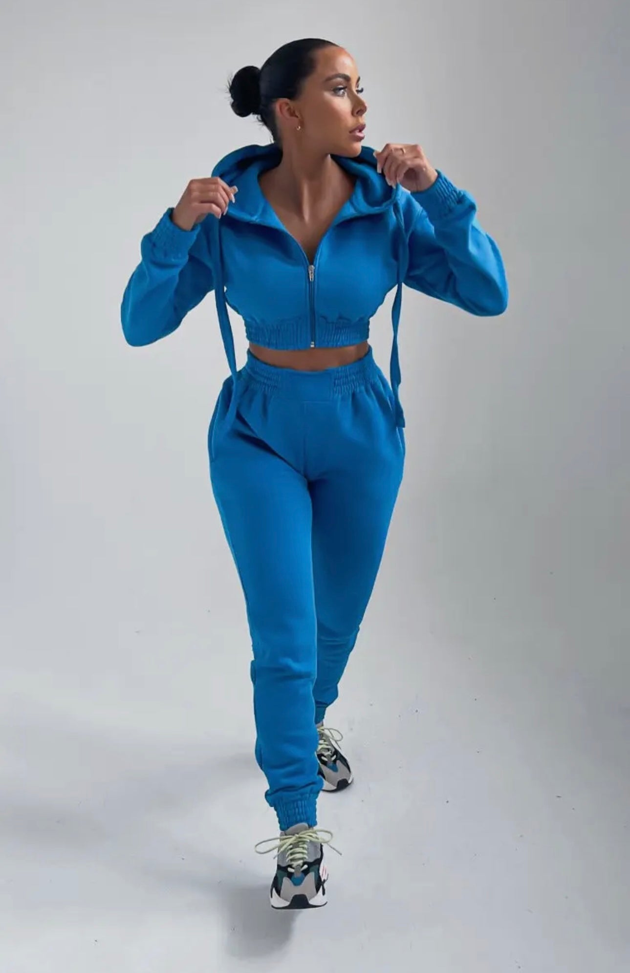 Blue cropped zip front elasticated hem hoodie and high waisted jogger set