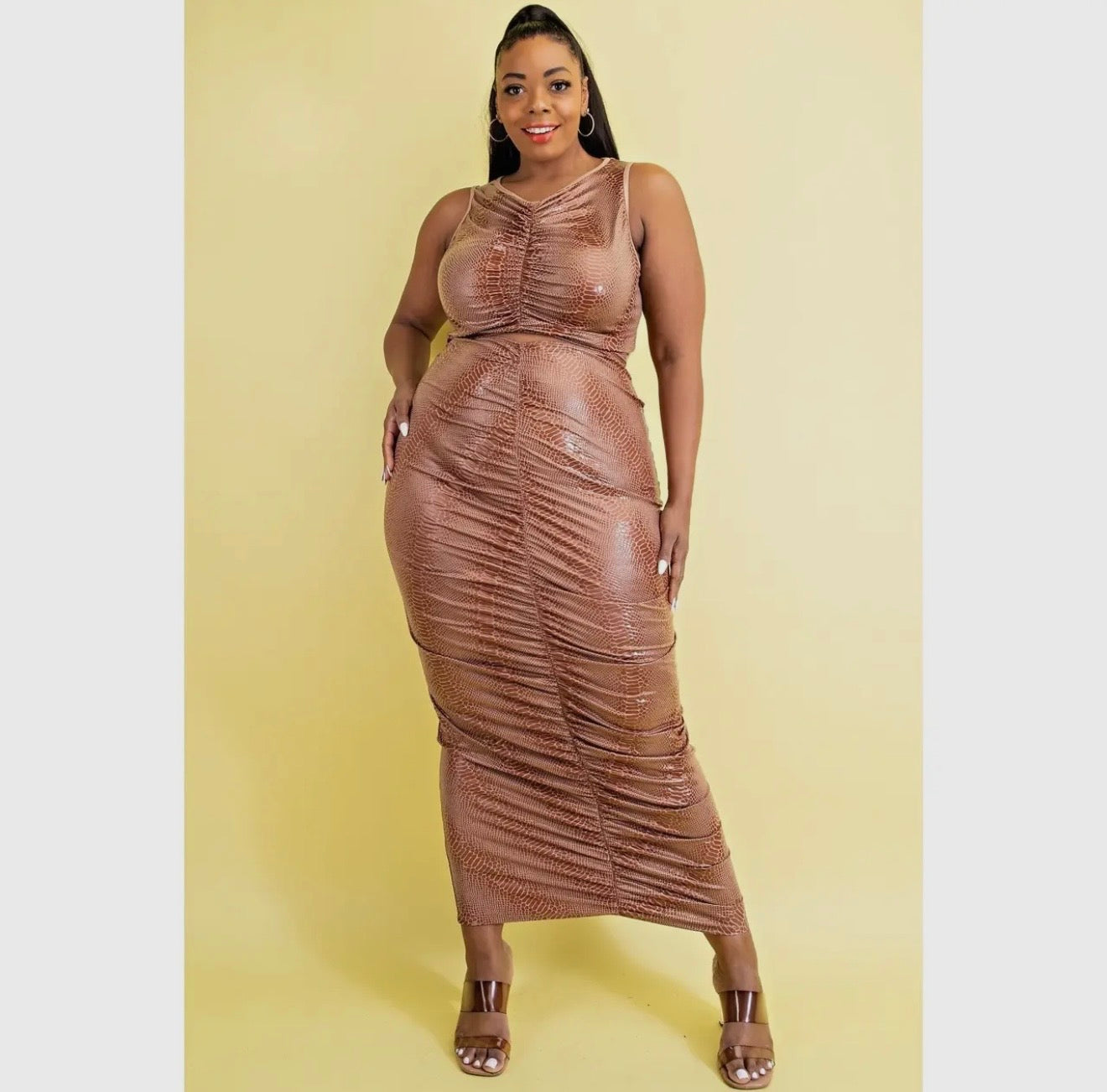 Plus size foil ruched cut out maxi dress