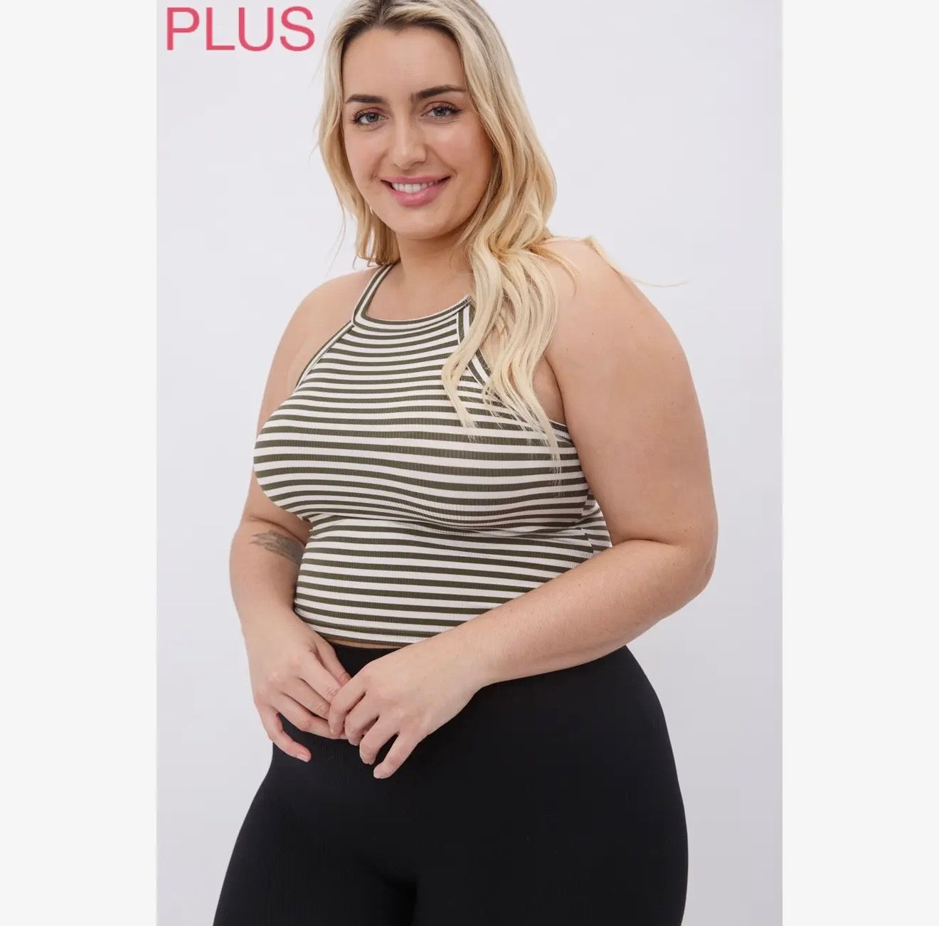 Plus ribbed knit tank striped halter racerback