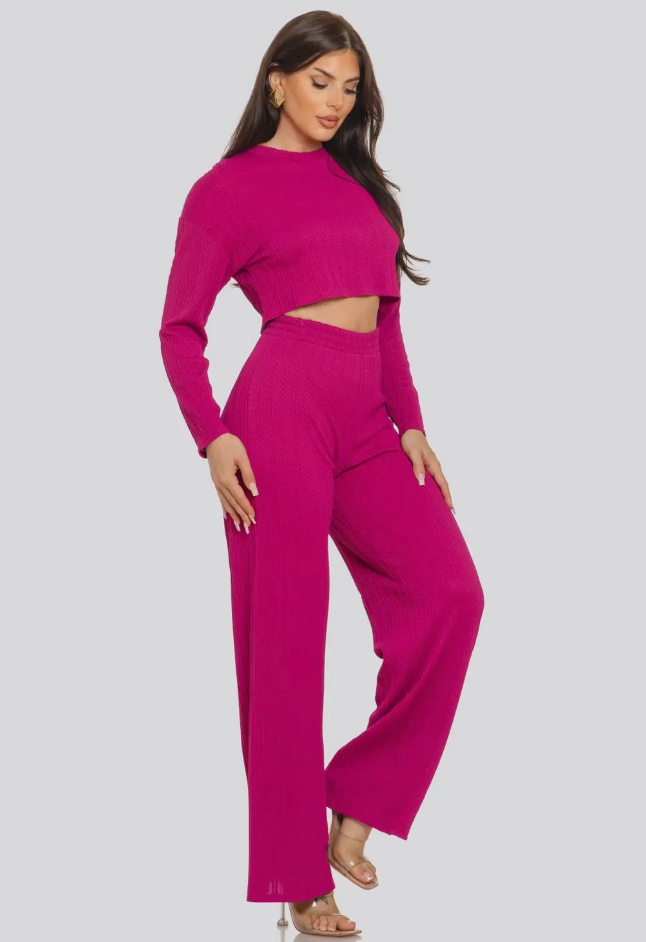 Braid jacquard round neck solid top and pant set
