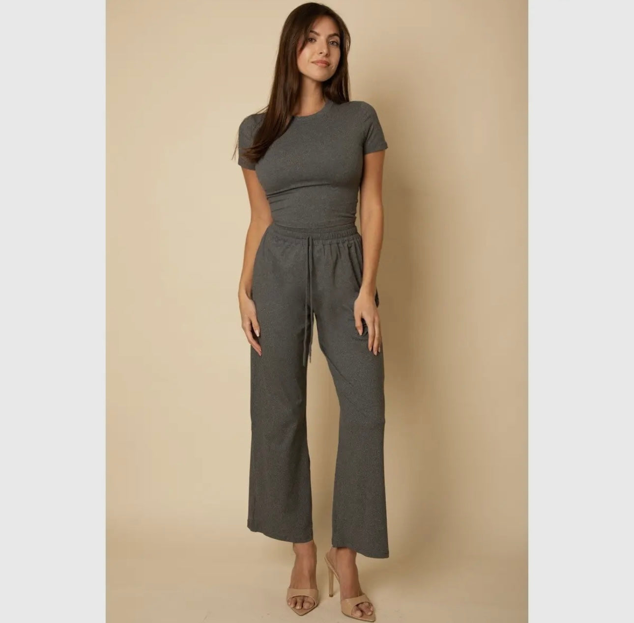 Short sleeve round neck top and wide leg pant set