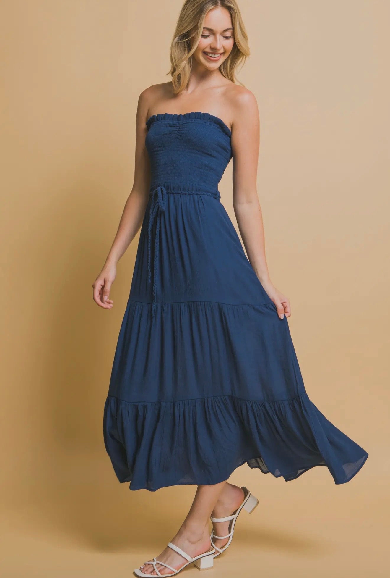 Rayon strapless smocked maxi dress
