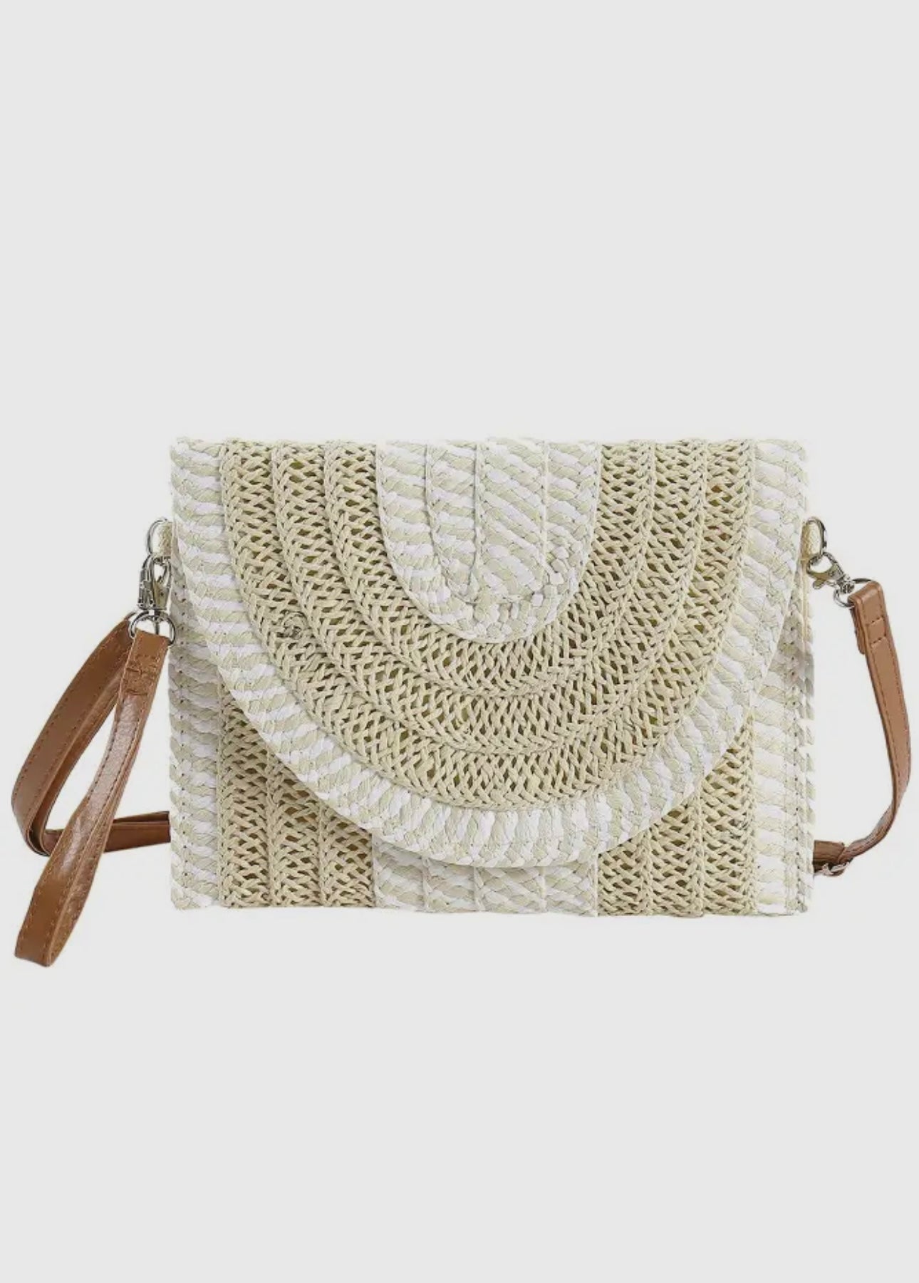 Two tone and stripe pattern straw crossbody bag