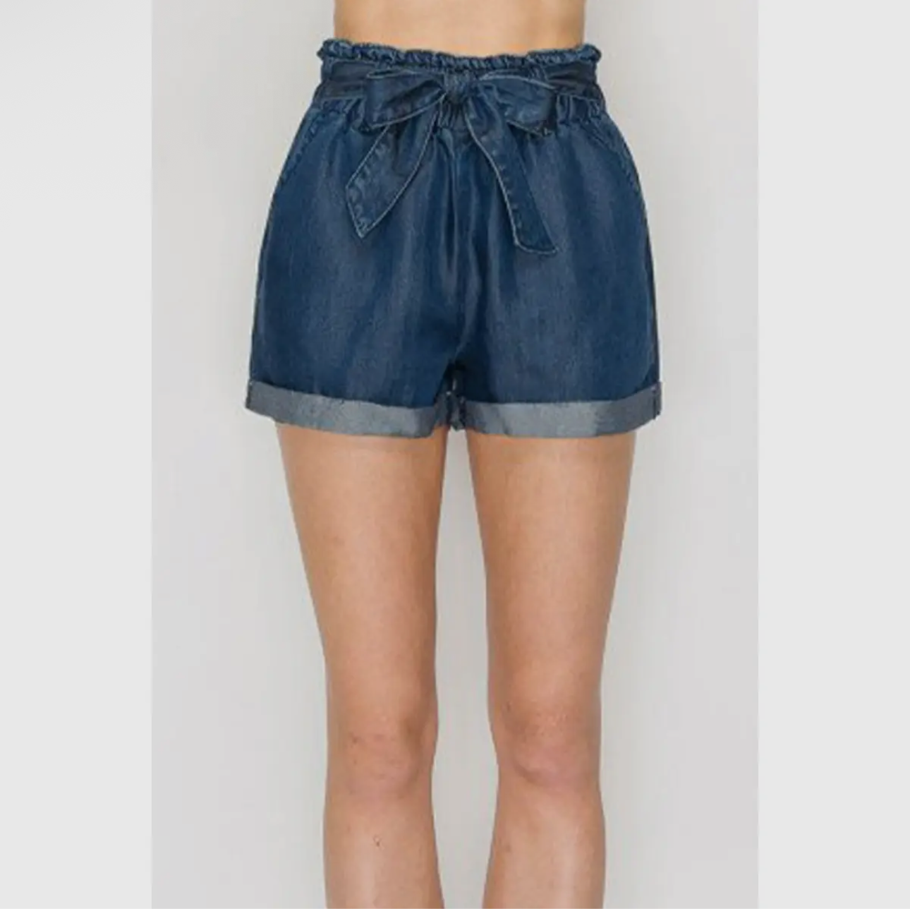Elastic waist front tie denim jean shorts