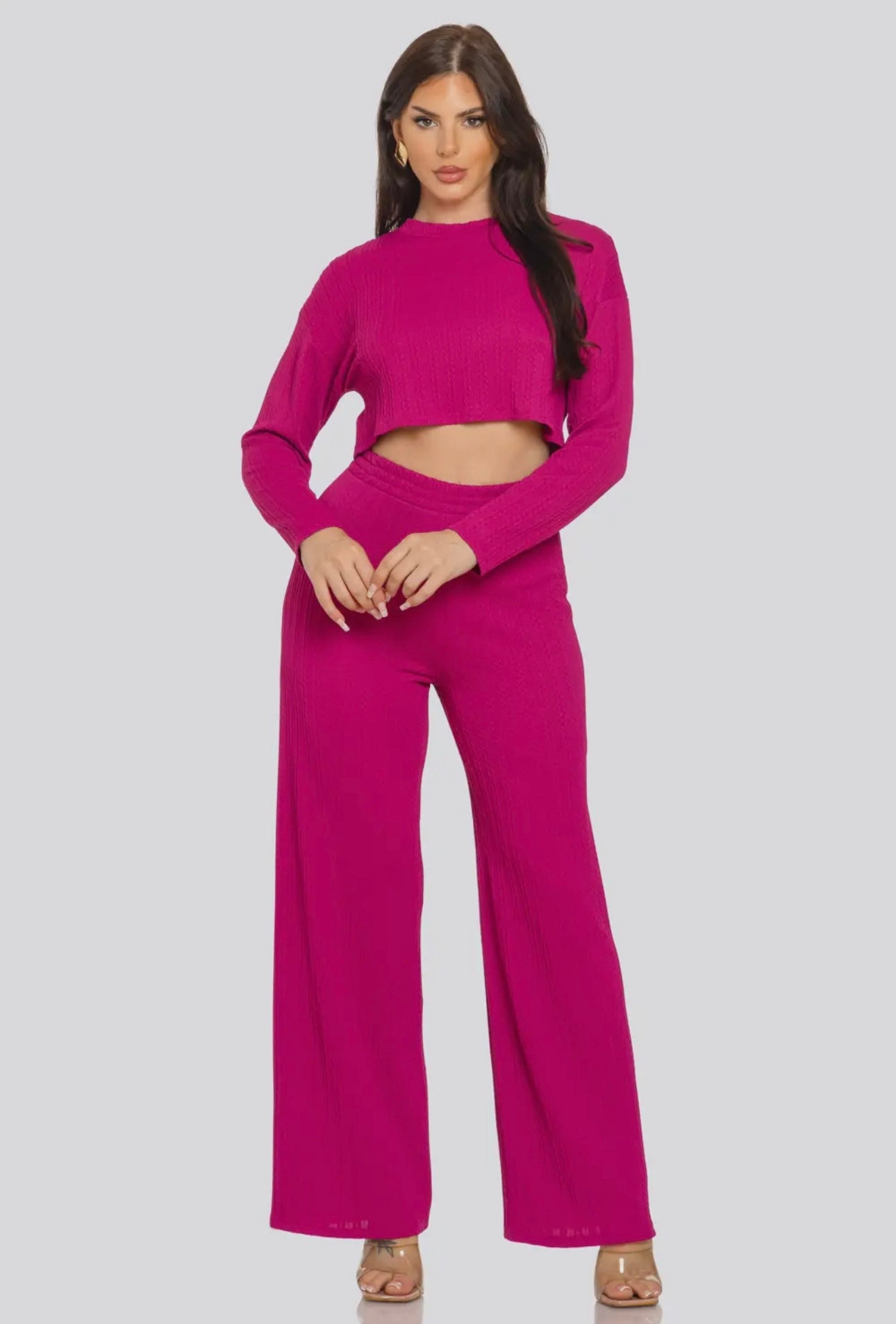 Braid jacquard round neck solid top and pant set
