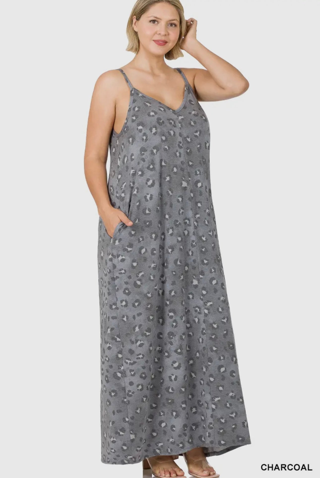 Plus size V-neck Cami maxi dress with side pockets