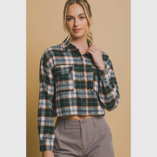 Plaid button down cropped shirt