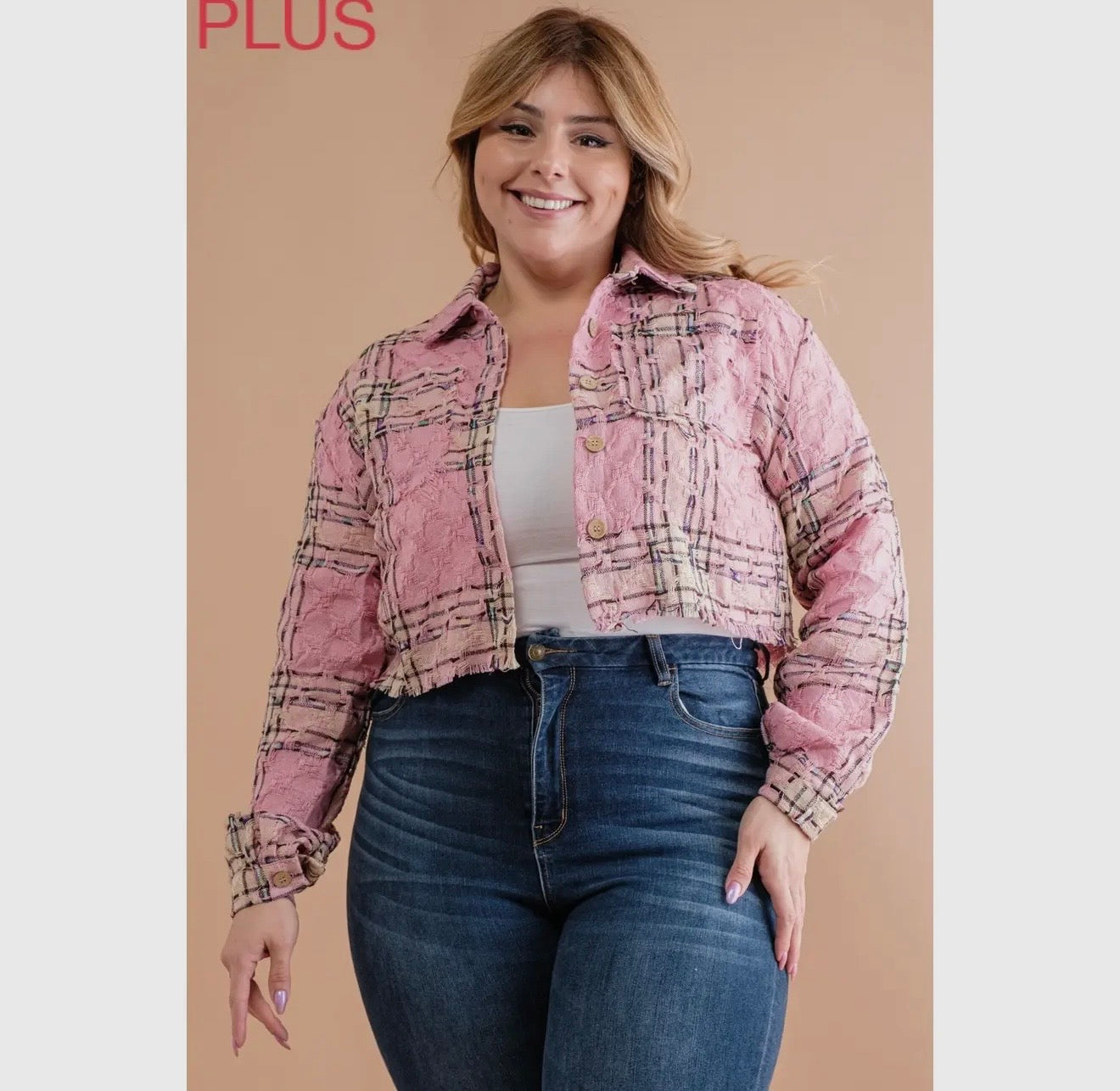 Plus rough plaid weave button down crop top