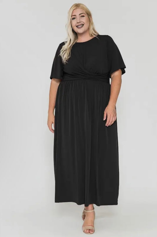 Plus size solid front twist ruffle maxi dress