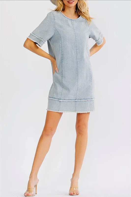 Short sleeve denim loose fit mini dress