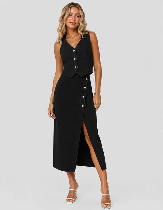 Ladies v neck button front denim vest and midi skirt