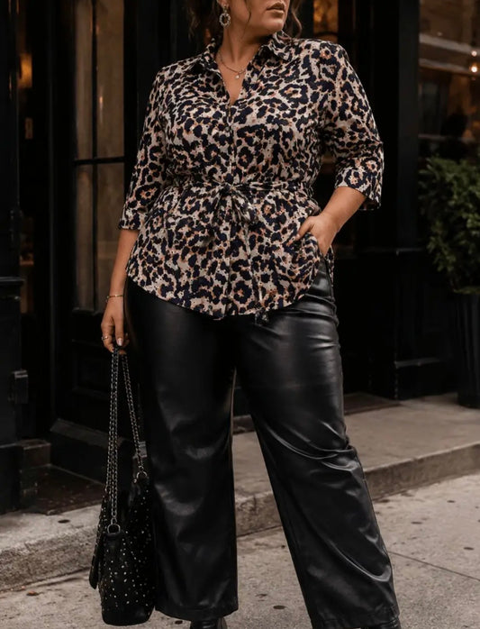 3/4 sleeve button up self tie animal print eyelet blouse