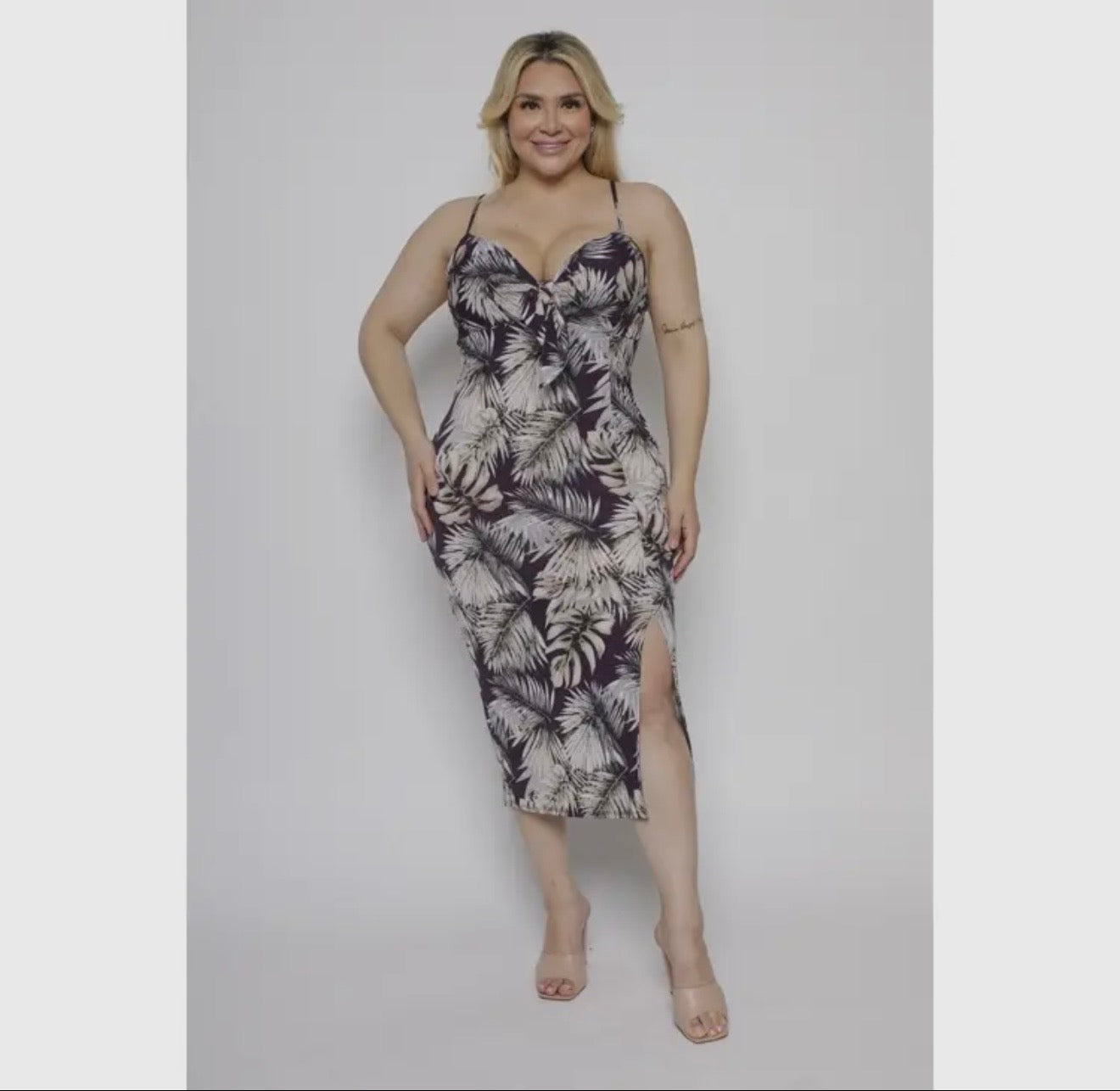Plus size tropical print tie from side slit midi dress