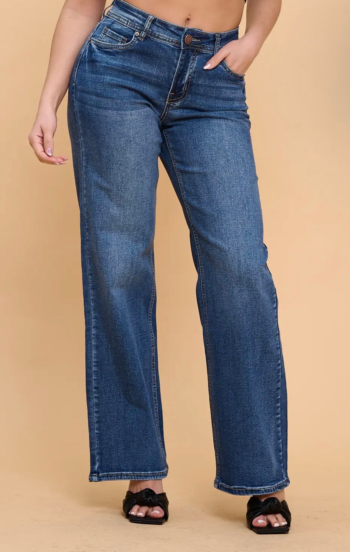 Mid low rise stretchy wide leg jeans