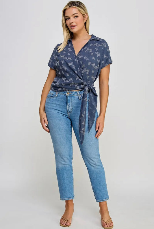 Plus size collar wrap side tie top